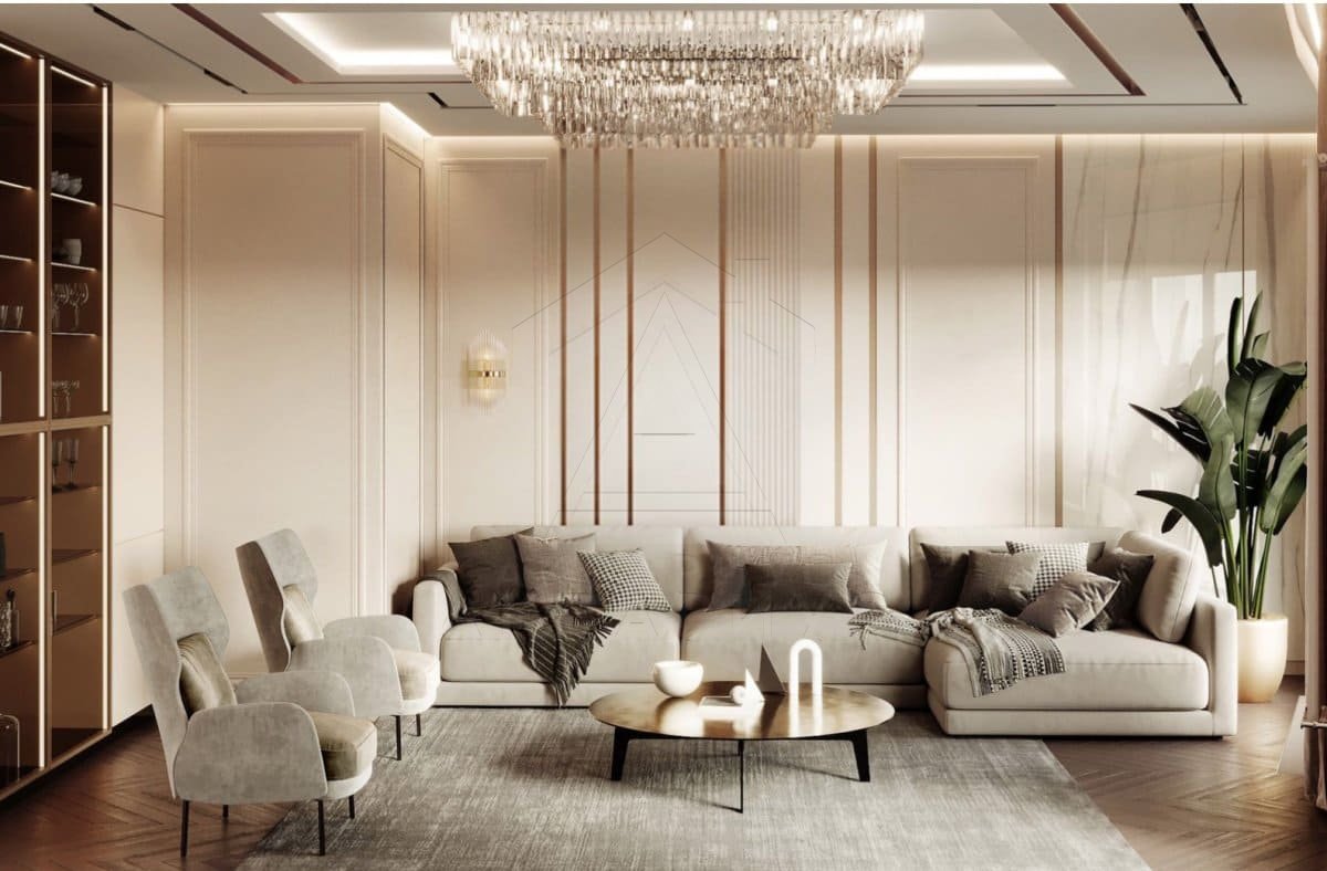 Затишна спальня Розкішна спальня в стилі неокласика: велике ліжко, приліжкові тумби та елегантний декор.