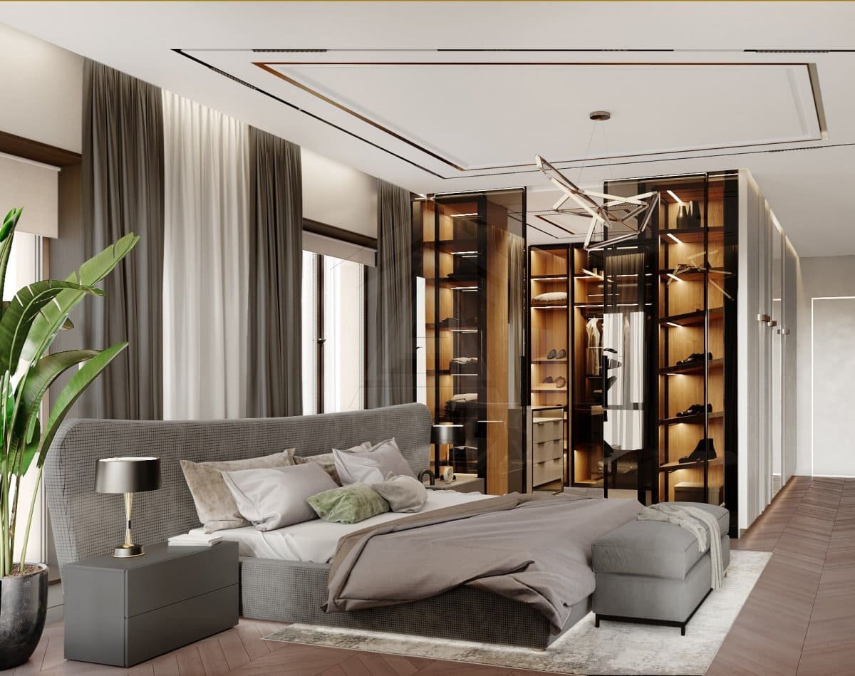 Кабінет у стилі Розкішний дизайн робочого кабінету в стилі неокласика з дерев'яними елементами.