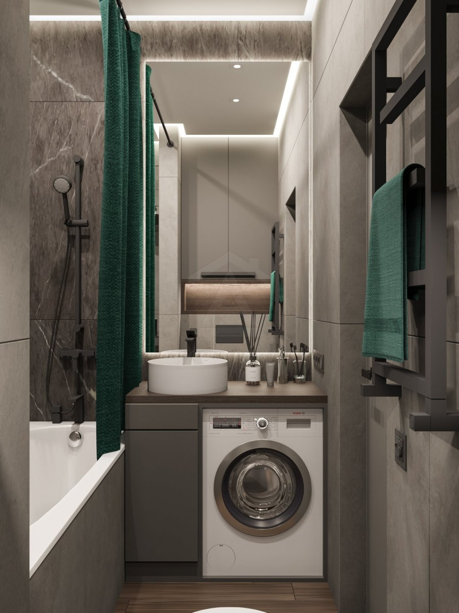 Дизайнерський акцент ванної Ванна з яскравою дизайнерською шторою, що додає акцент у інтер'єрі.